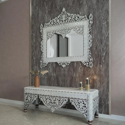 mother of pearl sideboard and mirror in  a modern designed hallway by levantiques 