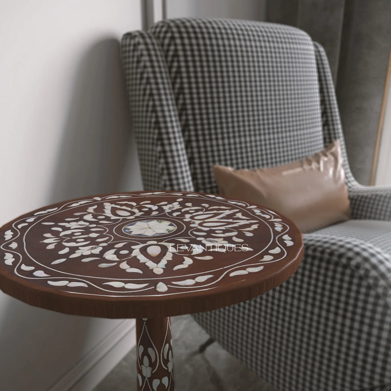 round wooden side table pearl inlay by Levantiques